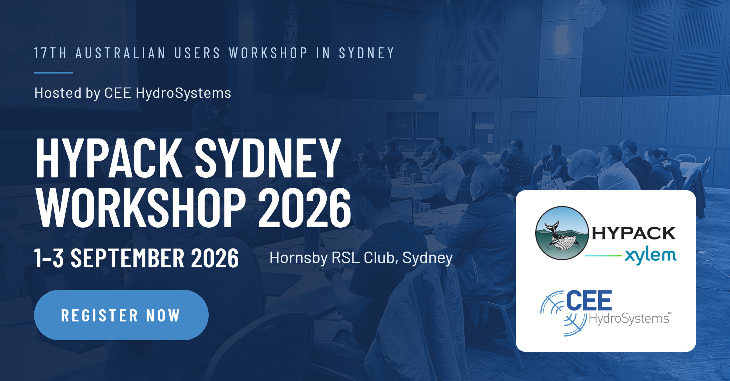 Banner for Hypack Sydney Workshop 2026: event details, dates, and logos on the right with a blue overlay and a 'Register Now' button on the left.