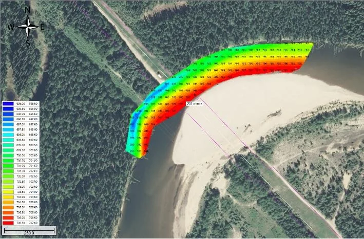 Colour-coded Hydromagic elevation plot of the Chena River over aerial imagery