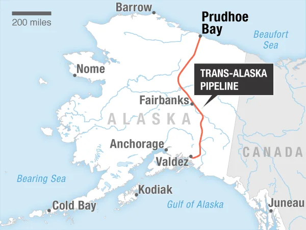 Map of Alaska showing the Trans-Alaska Pipeline route from Prudhoe Bay to Valdez
