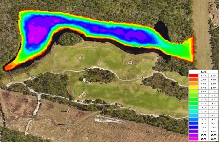 TIN model surface of the extracted original pond bottom over aerial imagery