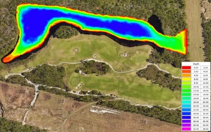 TIN model surface of surveyed pond depths over aerial imagery
