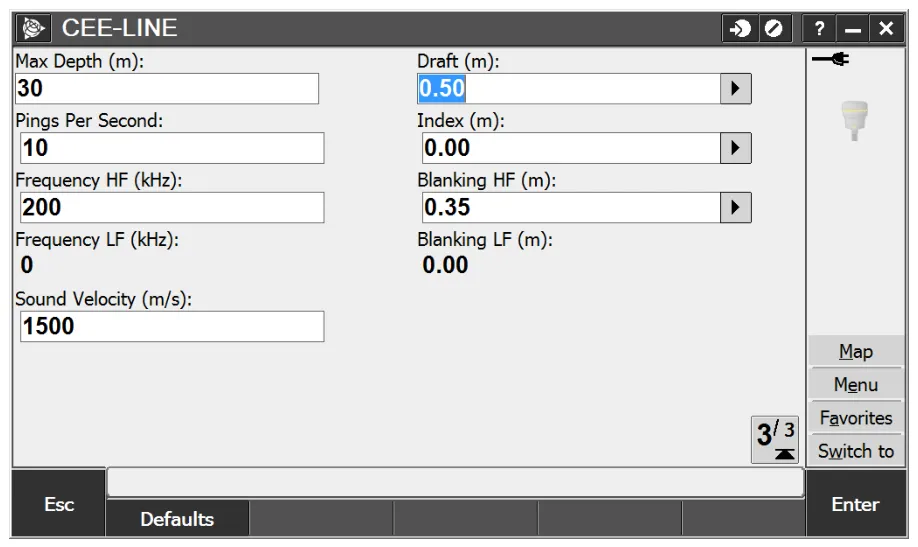 Max depth, pings per second, draft, blanking and sound velocity.