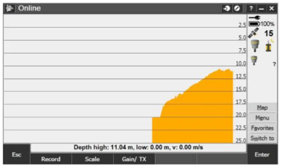BathySurvey online screen with the scrolling depth chart.