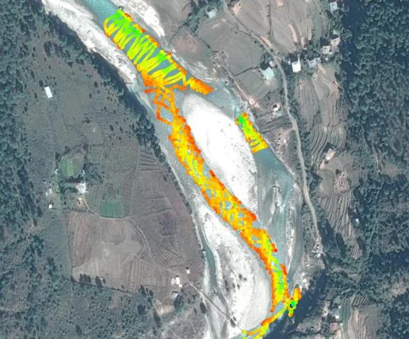 Colour-coded bathymetry survey lines over an aerial image of a Bhutan river