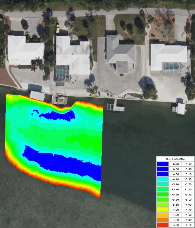 Hydromagic TIN model of surveyed depths beside residential docks over aerial imagery