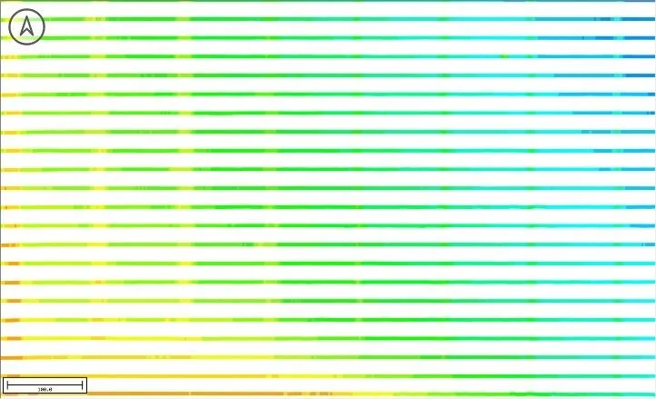 Evenly spaced east-west survey lines coloured by depth