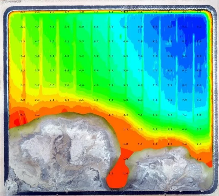 Colour-coded Hydromagic Matrix TIN depth model of the large lagoon