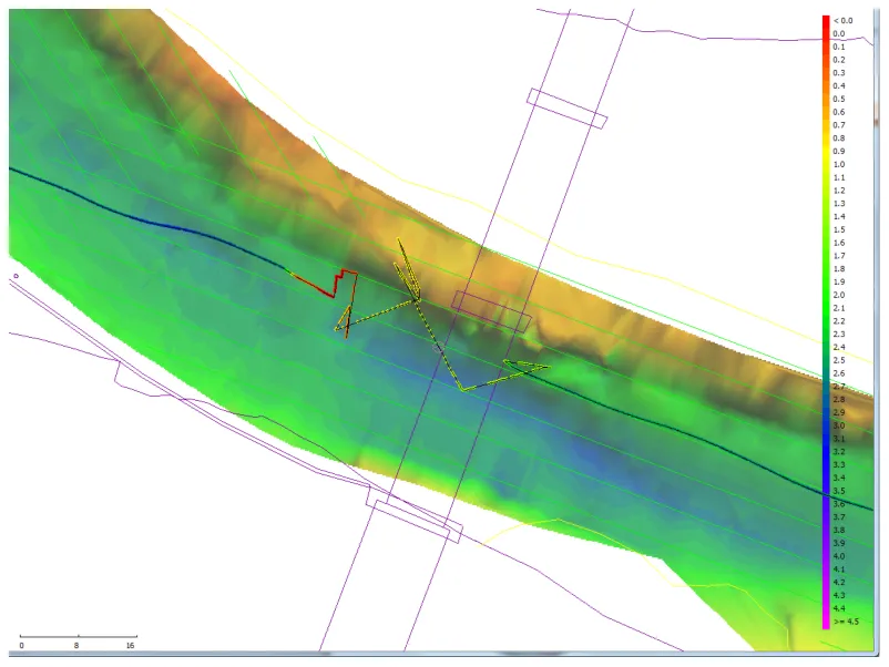 Raw results: GNSS loss and multipath errors under the bridge.