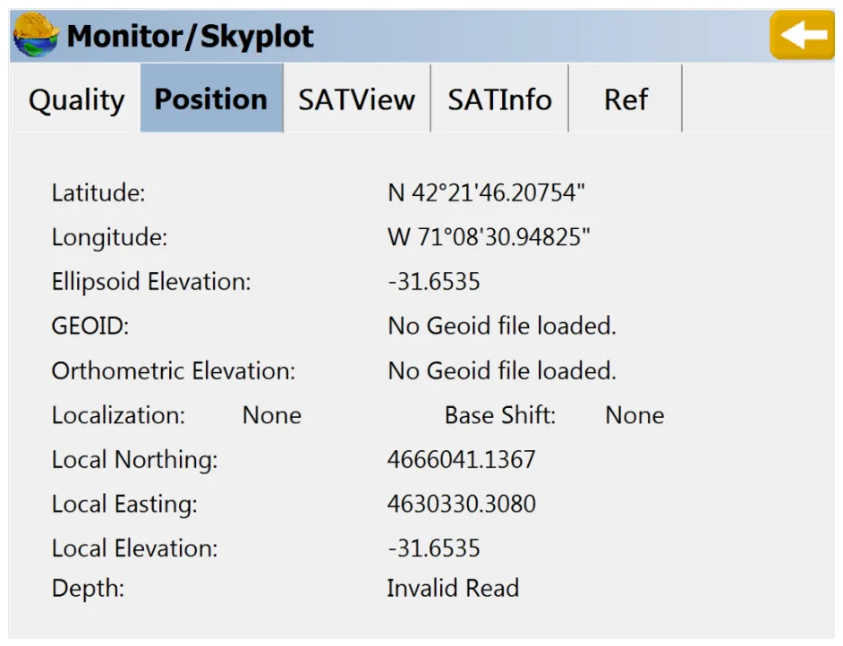 Monitor/Skyplot showing a valid depth.