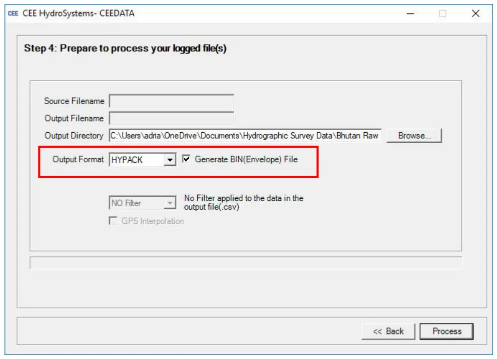 CEE DATA: output format HYPACK, with Generate BIN (Envelope) File ticked.