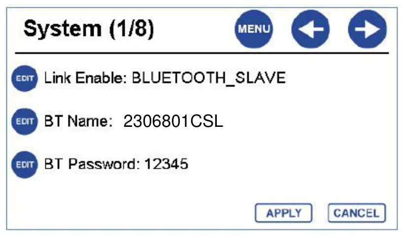 System (1/8): BLUETOOTH_SLAVE, BT name and password.