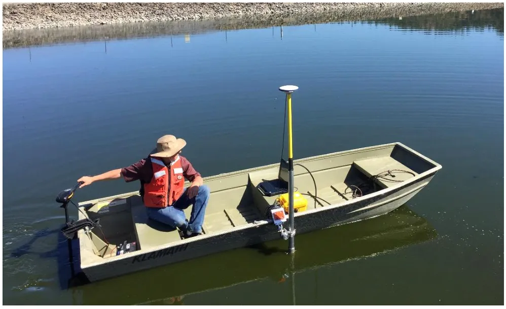 A land survey set-up on a small boat.