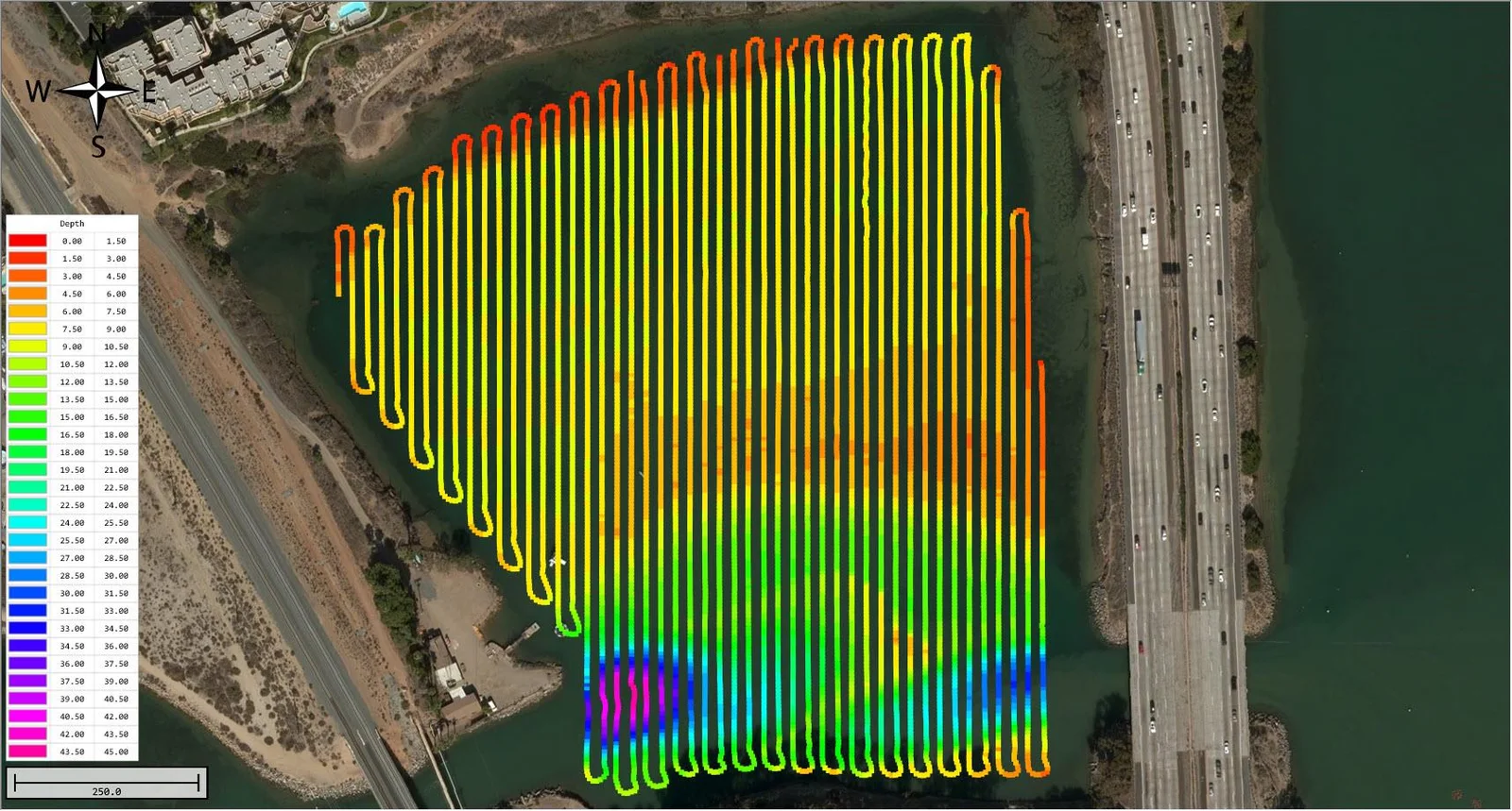 Completed CEE-PILOT survey lines coloured by depth over an aerial image of the lagoon in Hydromagic