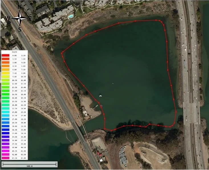 Survey boundary outline drawn on an aerial image of the lagoon in Hydromagic