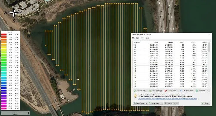 Full lagoon route plan of parallel lines in Hydromagic with the route transfer dialog
