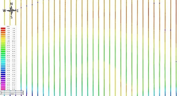 Depth-coloured soundings at 20 ft spacing overlaid on survey lines