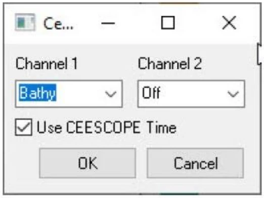 HYPACK CEE driver setup dialog with Channel 1 set to Bathy, Channel 2 Off and Use CEESCOPE Time ticked