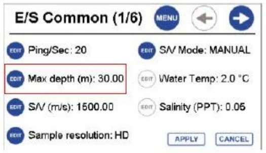 E/S Common setup screen with the Max depth (m) 30.00 field highlighted