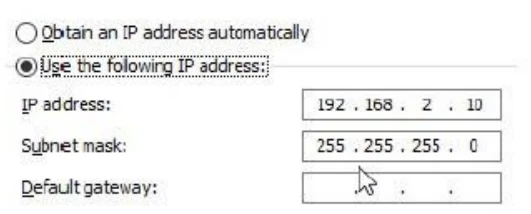 Windows network settings with 'Use the following IP address' set to 192.168.2.10 and subnet mask 255.255.255.0