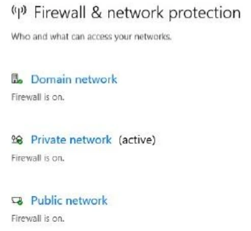 Windows Firewall and network protection screen showing the firewall on for domain, private and public networks