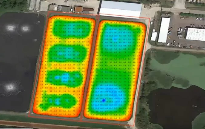 Colour-coded depth map of two effluent lagoon bays over aerial imagery