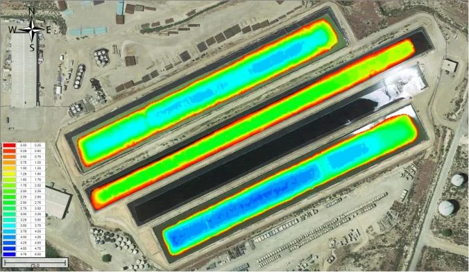Colour-coded USV survey results of three long effluent lagoons over aerial imagery