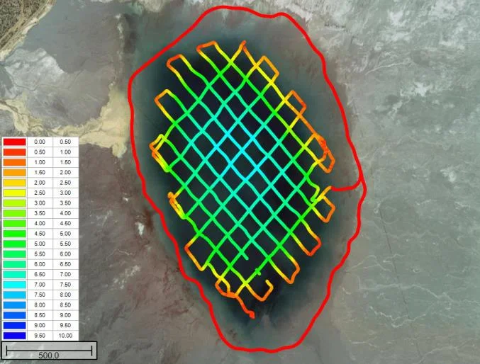 Colour-coded airboat CEESCOPE survey lines over a large tailings storage facility