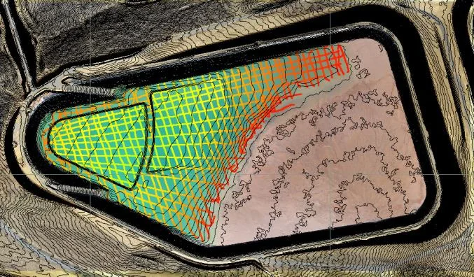 Aerial drone orthophoto of a tailings facility merged with USV bathymetry survey lines