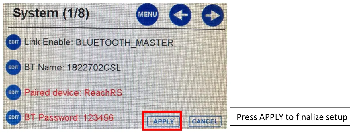 Paired device and password set: press APPLY.