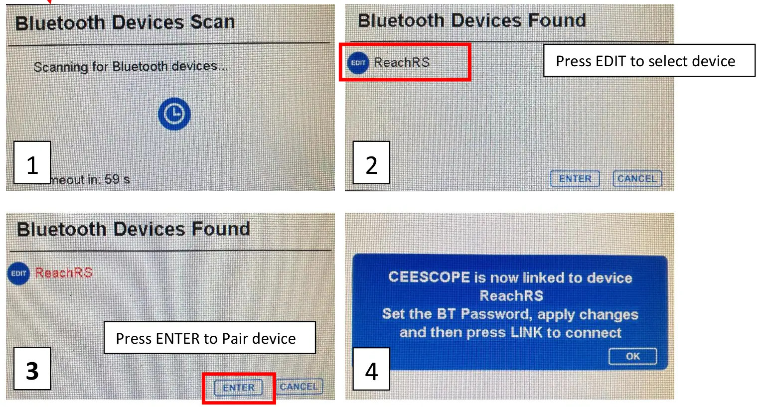 Scanning, selecting the Reach, pairing, and the confirmation message.