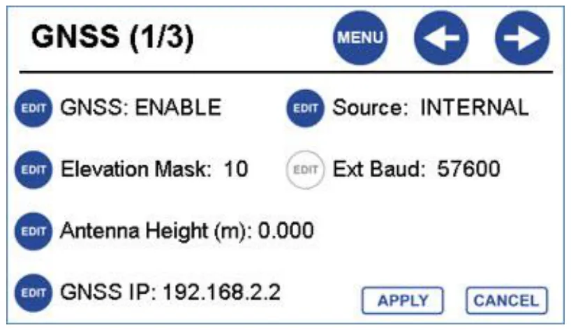 GNSS menu showing the receiver IP address.