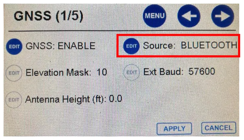 GNSS menu with Source set to BLUETOOTH.