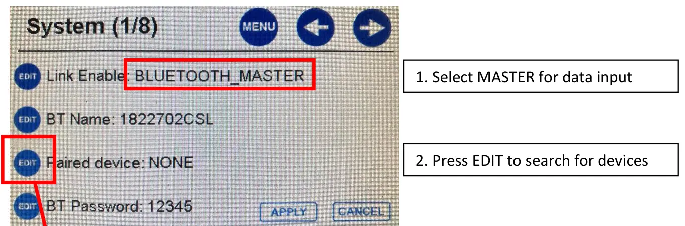 System menu: Link Enable set to BLUETOOTH_MASTER, then EDIT to search.