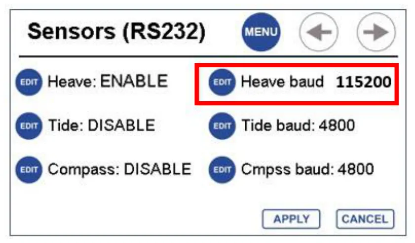 SENSORS menu: Heave ENABLE at 115200 baud.