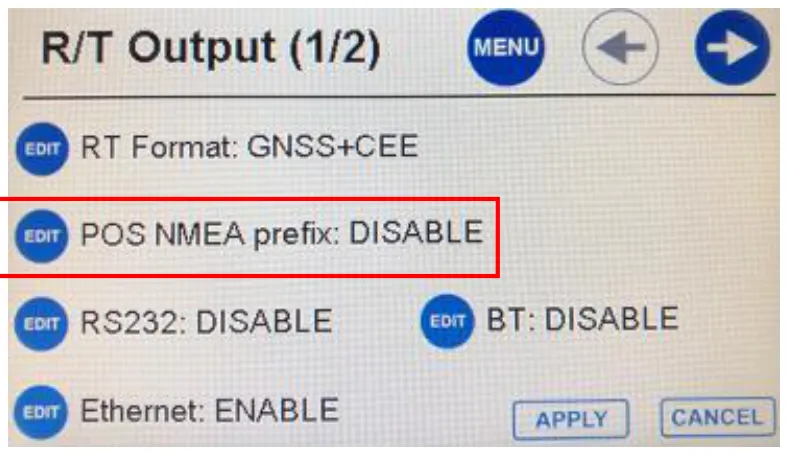 R/T Output (1/2): POS NMEA prefix DISABLE, for PC time.