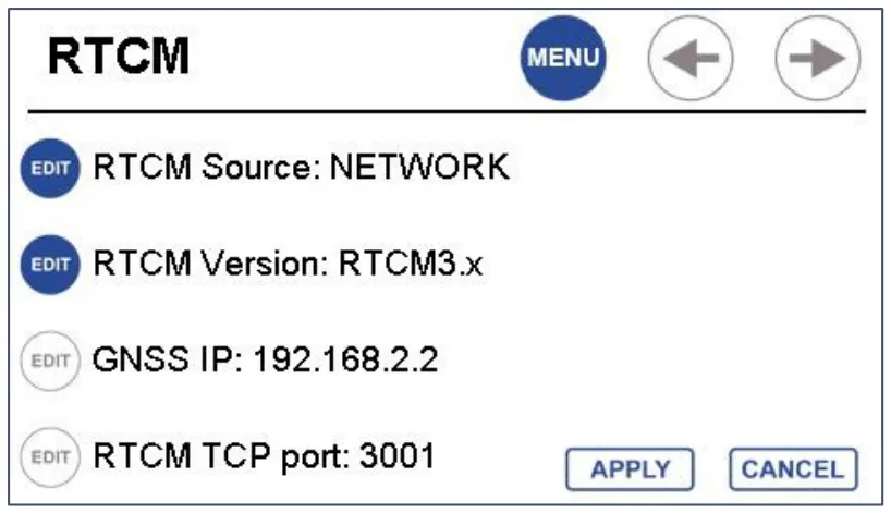 RTCM menu: source NETWORK, RTCM3.x, GNSS IP and TCP port 3001.