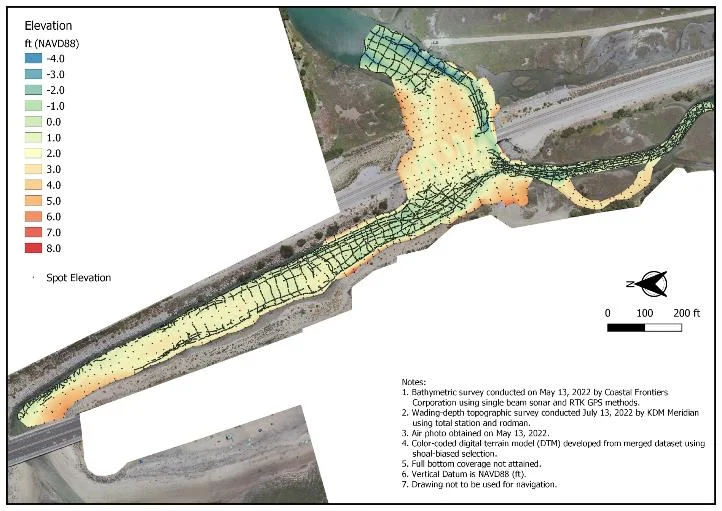 Colour-coded elevation map of the lagoon from wading and boat progress survey data