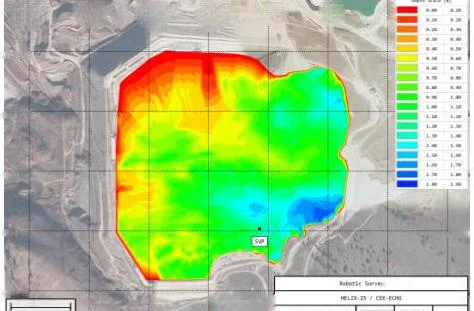 Colour depth map of a large tailings impoundment over an aerial image