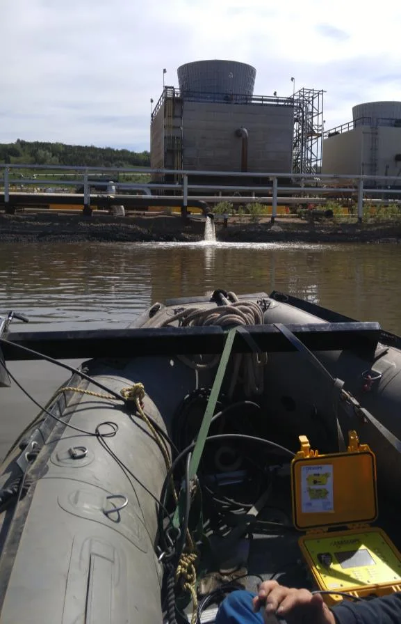 CEESCOPE in its yellow case on a small inflatable boat on an effluent pond