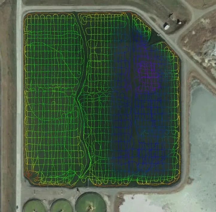 HYPACK survey lines from the CEESCOPE on a manned boat over an effluent lagoon