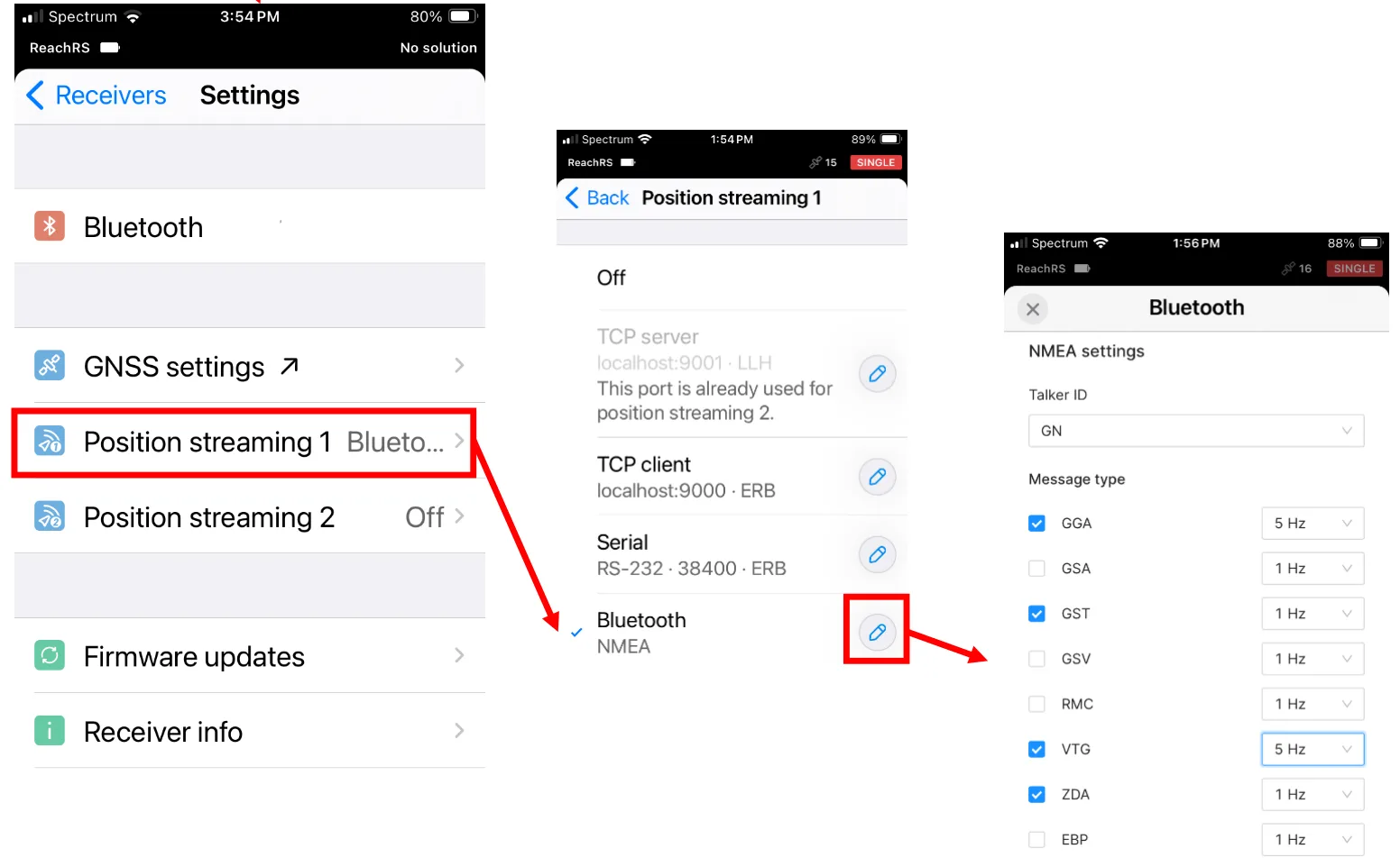 Position streaming 1 set to Bluetooth, with the NMEA messages and rates selected.