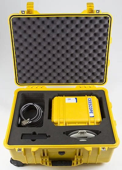 Yellow Pelican transit case holding the CEESCOPE, cable and GNSS antenna