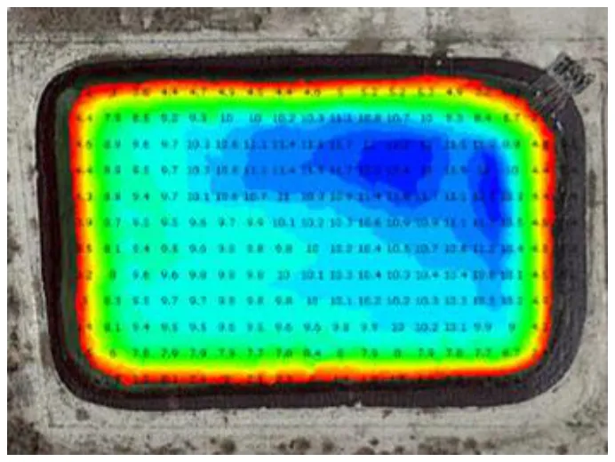 Bathymetric map of a frac pond.