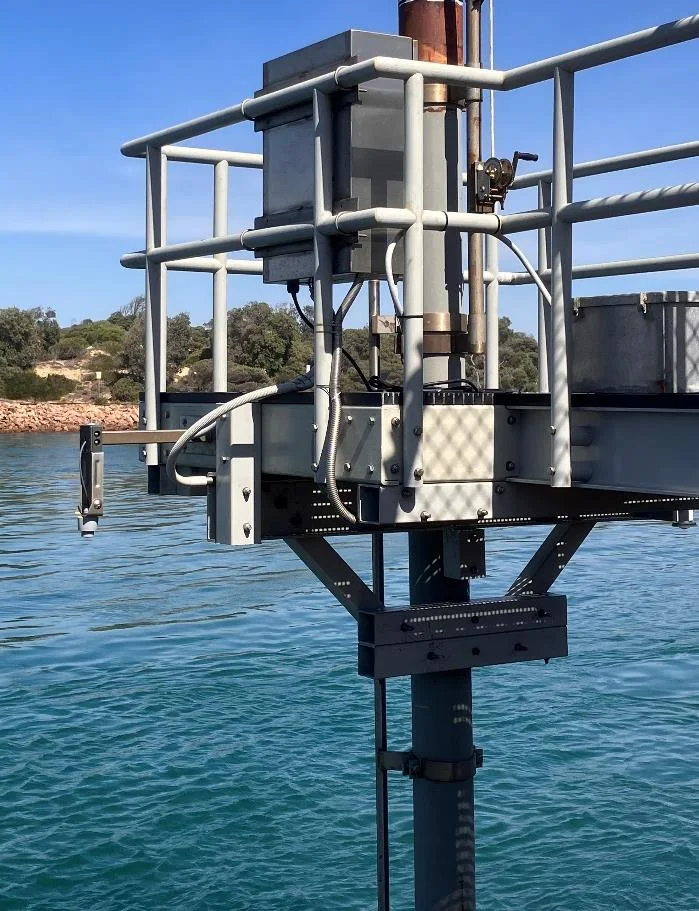 VEGA radar probe mounted on a pile at Lakes Entrance for wave measurement