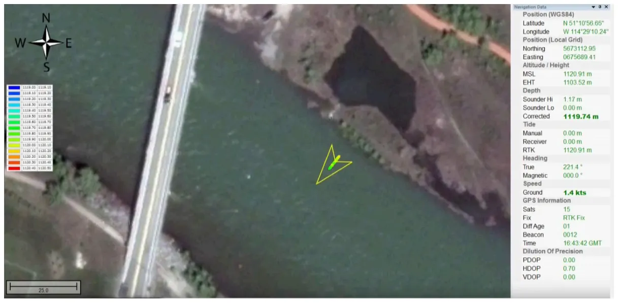 Hydrographic software in RTK mode on a river, with the bed at about 1120 m (3670 ft) elevation.