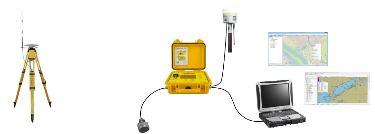 Hydrographic set-up: RTK base, CEESCOPE™, transducer and acquisition PC.