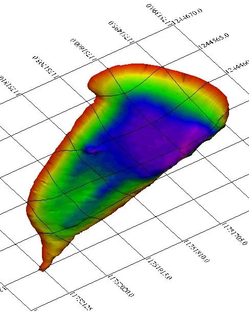 Colour-coded 3D surface of a pond bottom on a coordinate grid