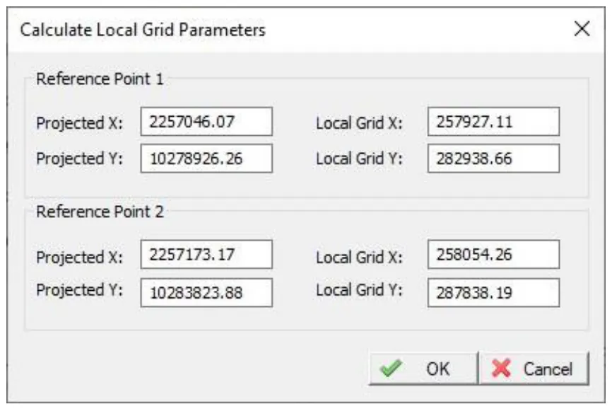 Hydromagic: two reference points in projected and local grid coordinates.