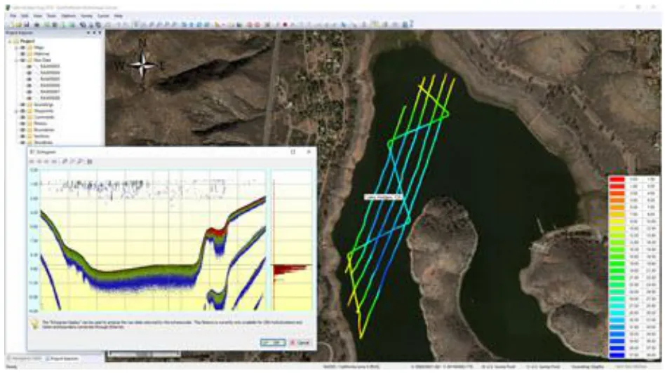 Map and profile view in hydrographic software during a survey.