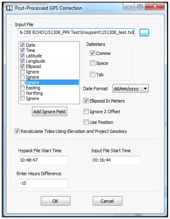 Post-processed GPS correction set-up: columns, delimiters and time offset.